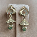 Silver Floral Drop Earrings with Pearls and Green Gemstone