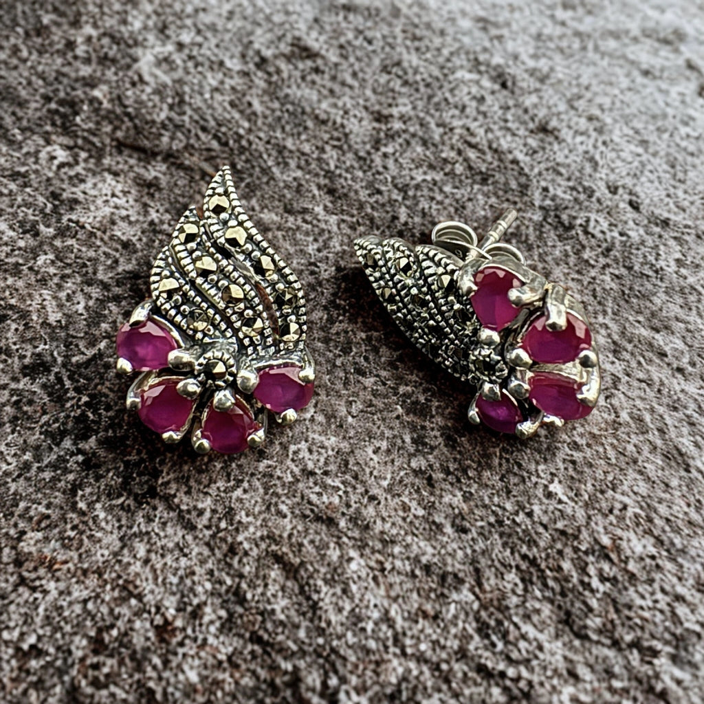 Sterling Silver Marcasite Ruby Stud Earrings 