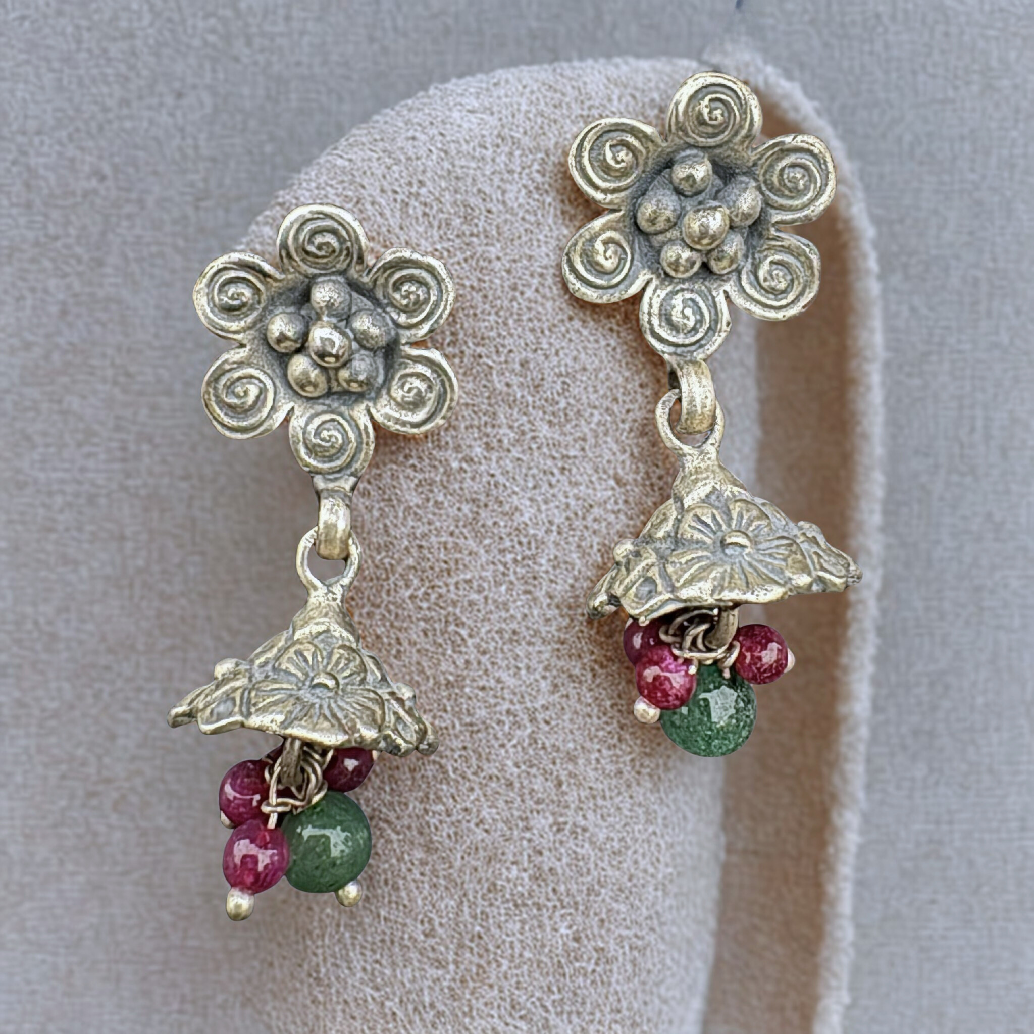 Handcrafted Floral Silver Drop Earrings with Gemstones