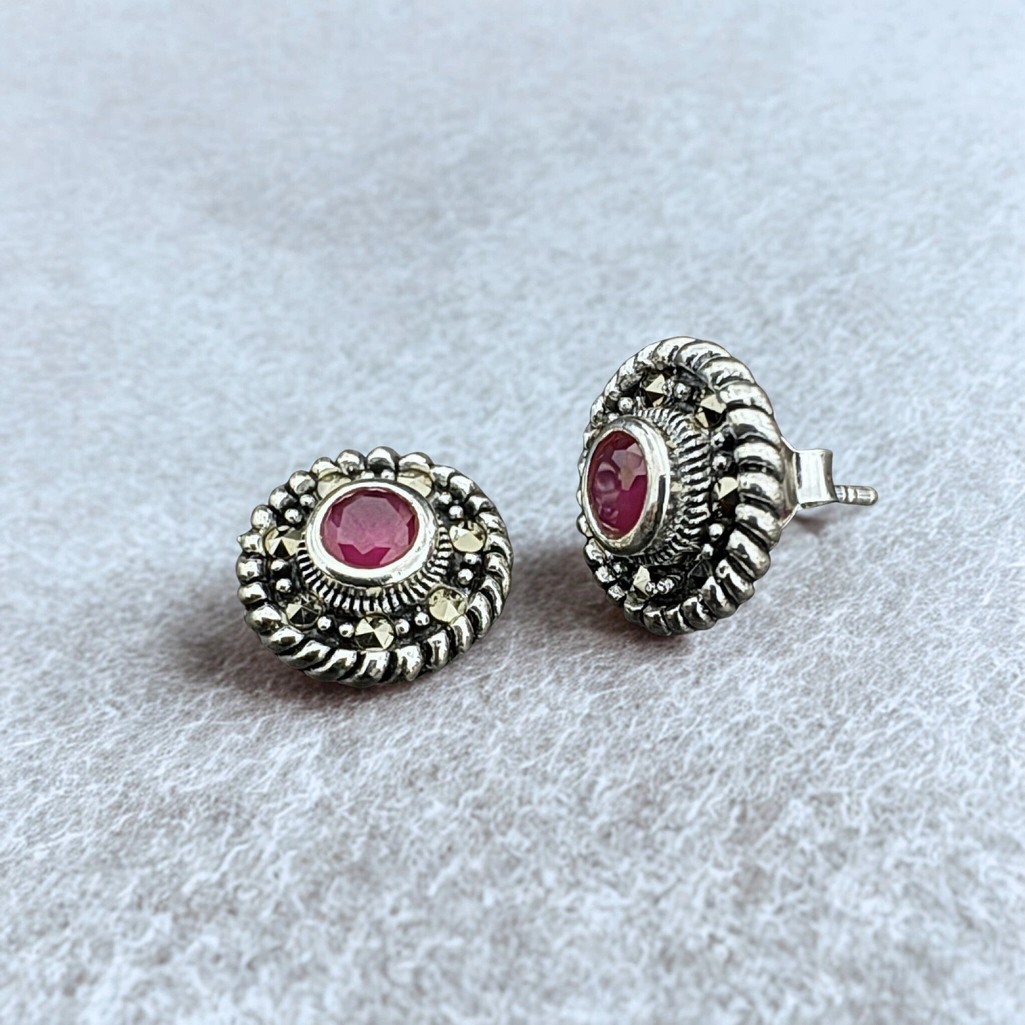 Vintage Silver Stud Earrings with Red Gemstone Center