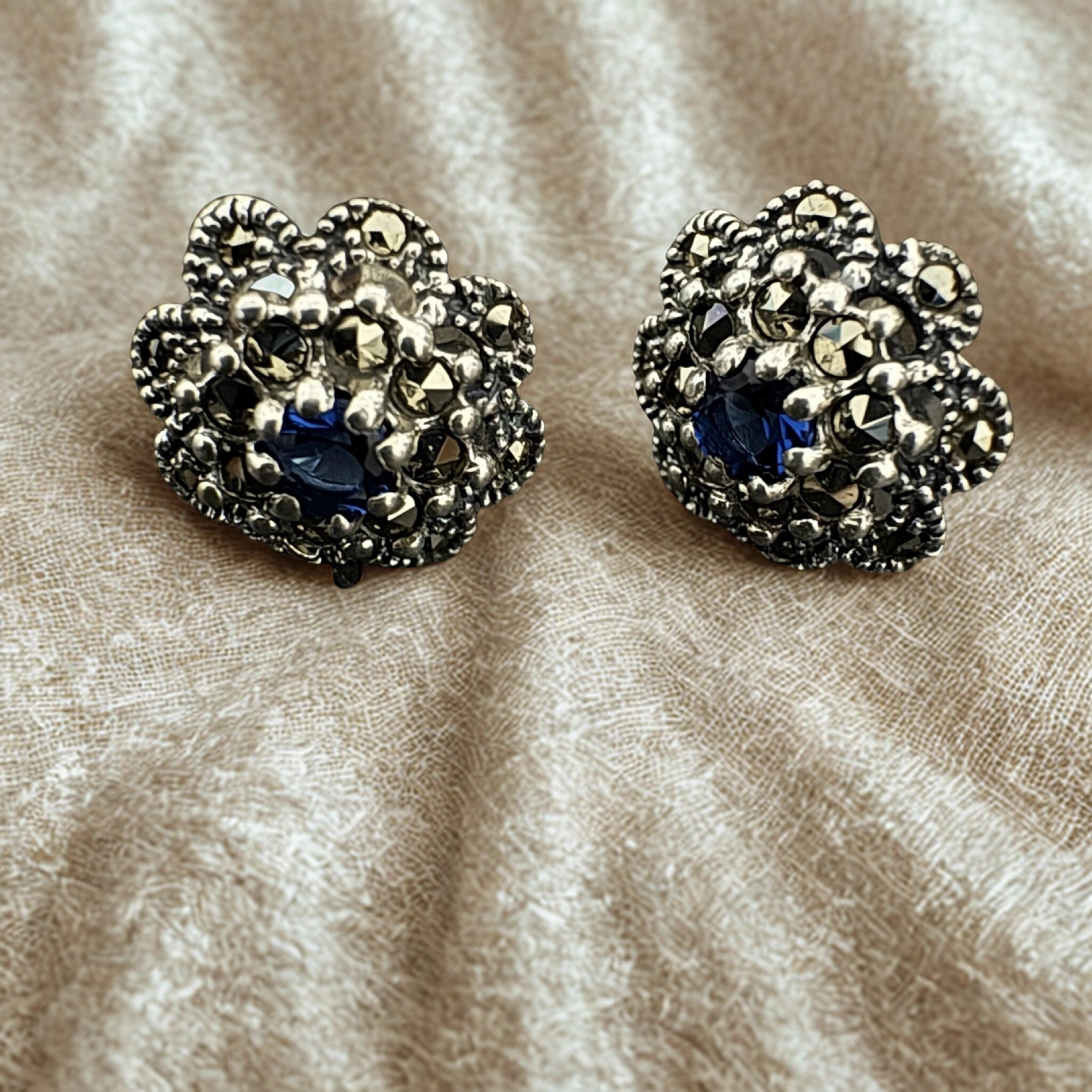Vintage Silver Floral Earrings with Blue Gemstone