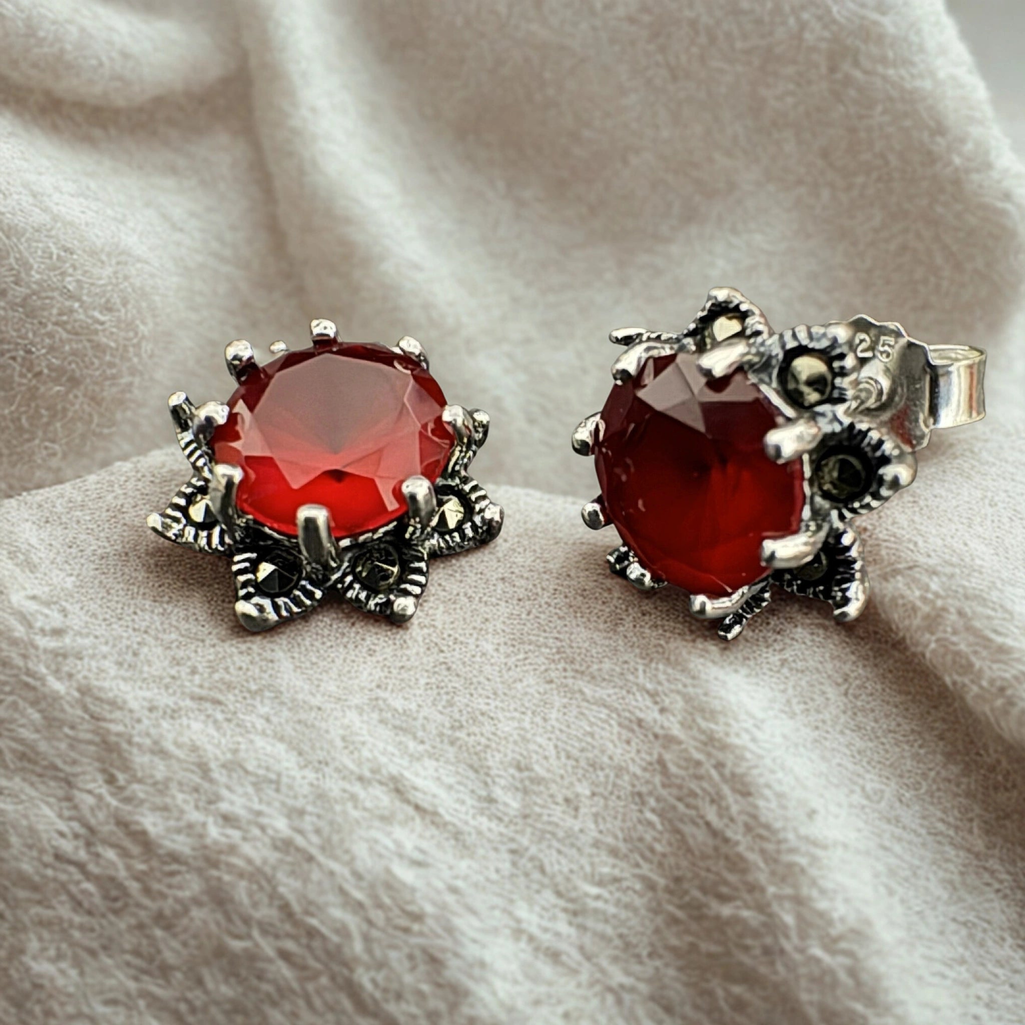 Sterling Silver Red Gemstone Stud Earrings 