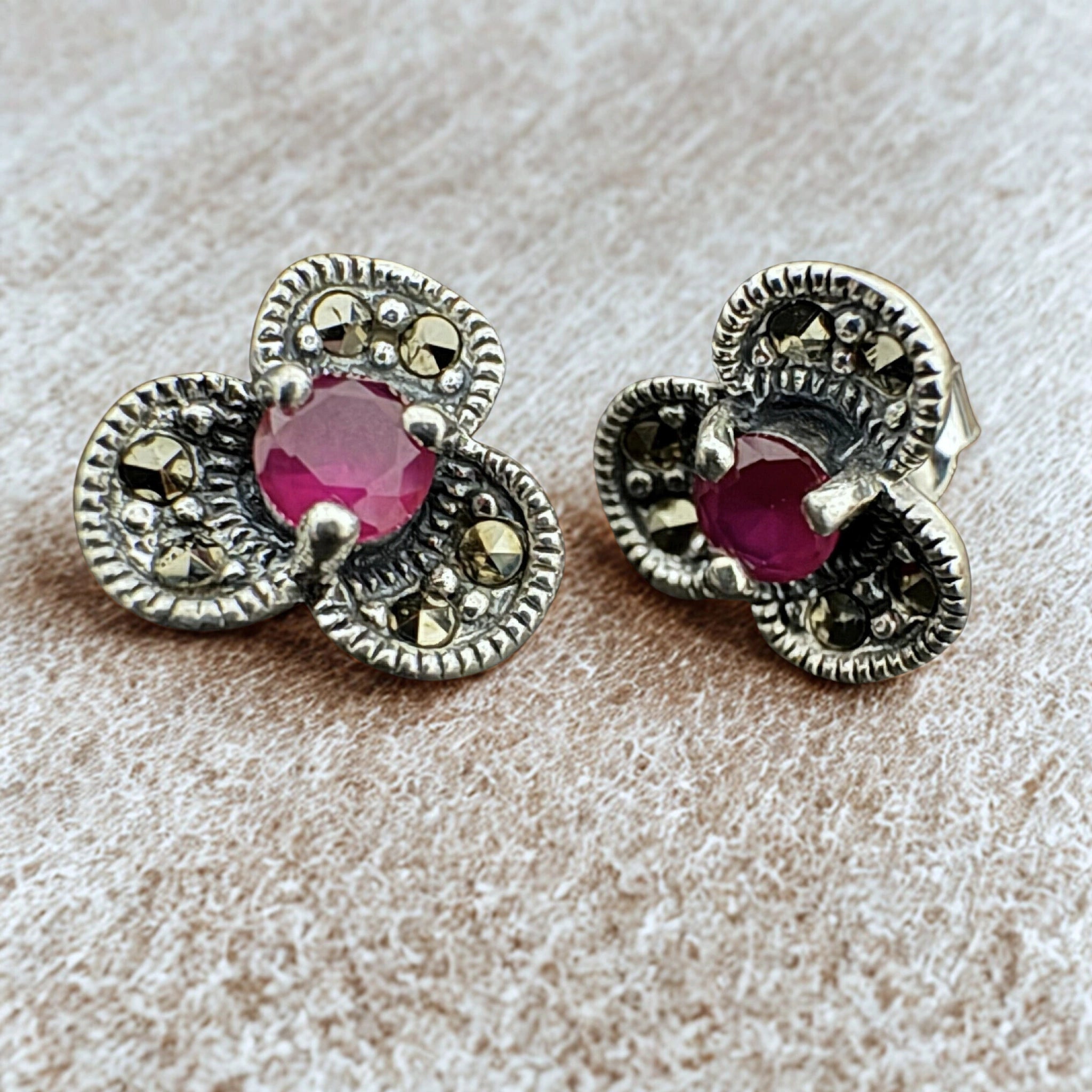 Silver Vintage Stud Earrings with Pink Gemstones & Marcasite