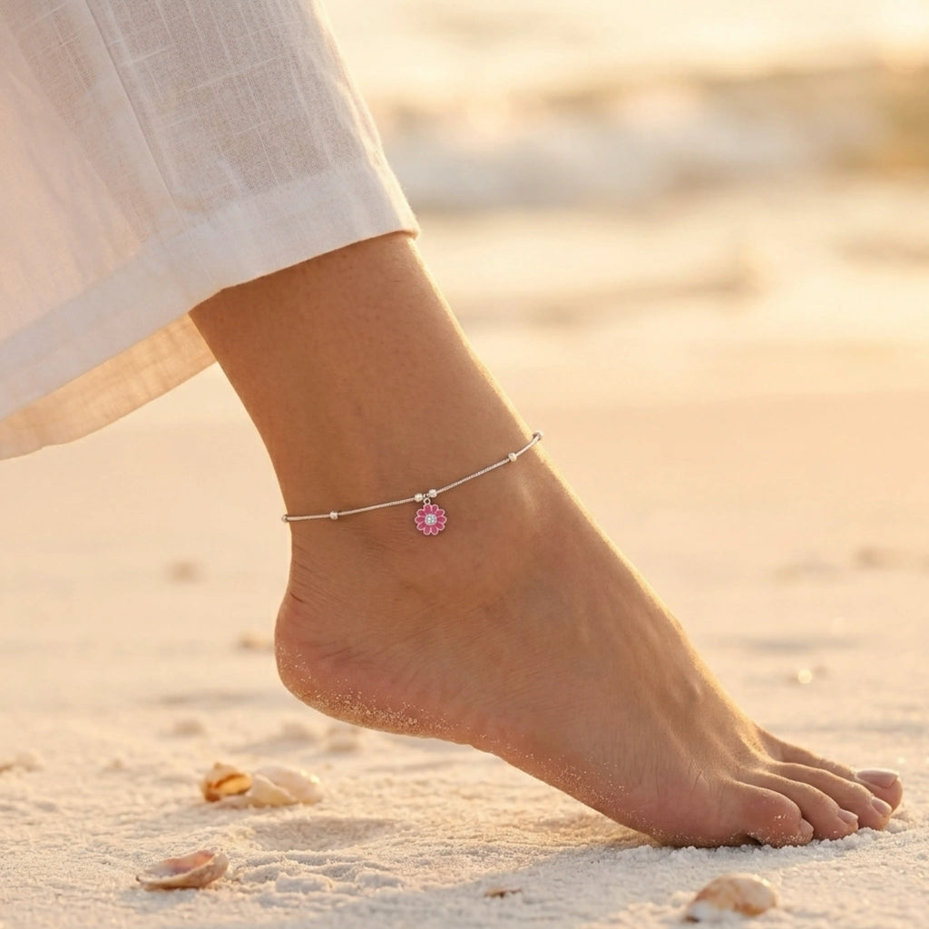 Close up of Indian female wearing Pink Floral Anklet 
