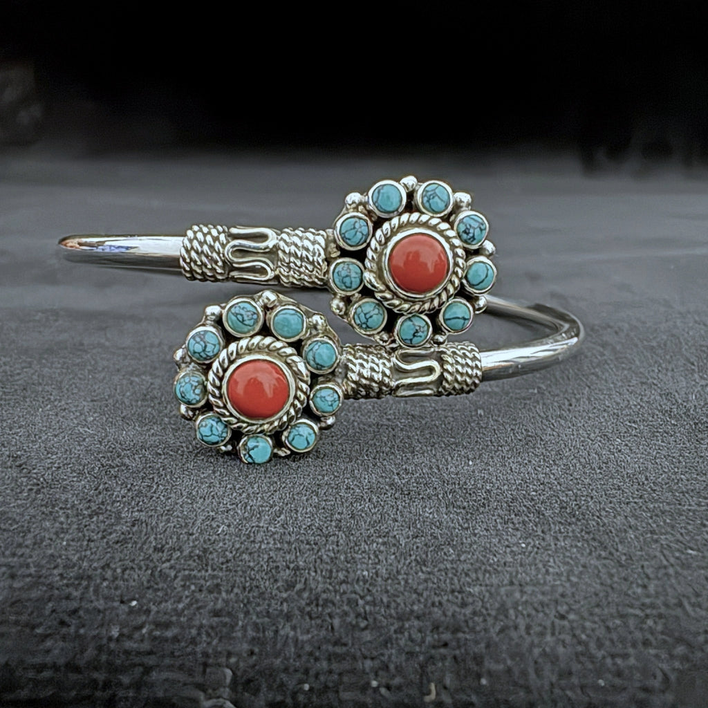 Turquoise and Coral Stones Sterling Silver Bracelet