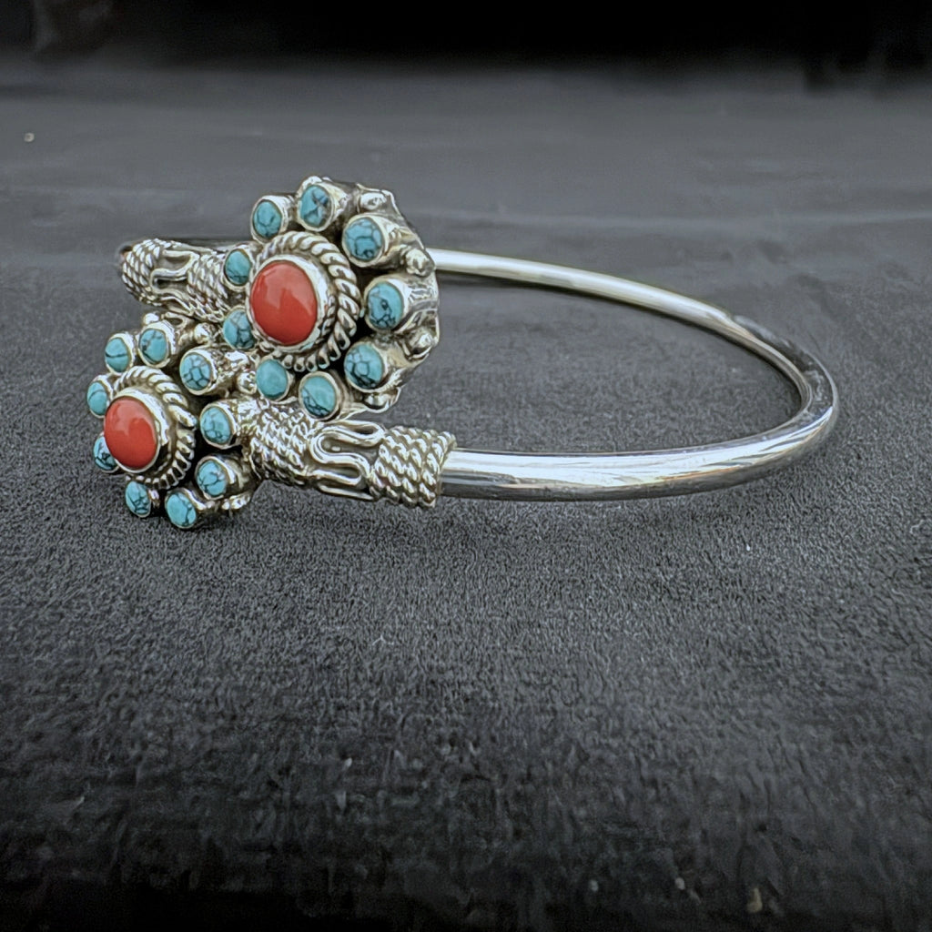 Turquoise and Coral Stones Sterling Silver Bracelet