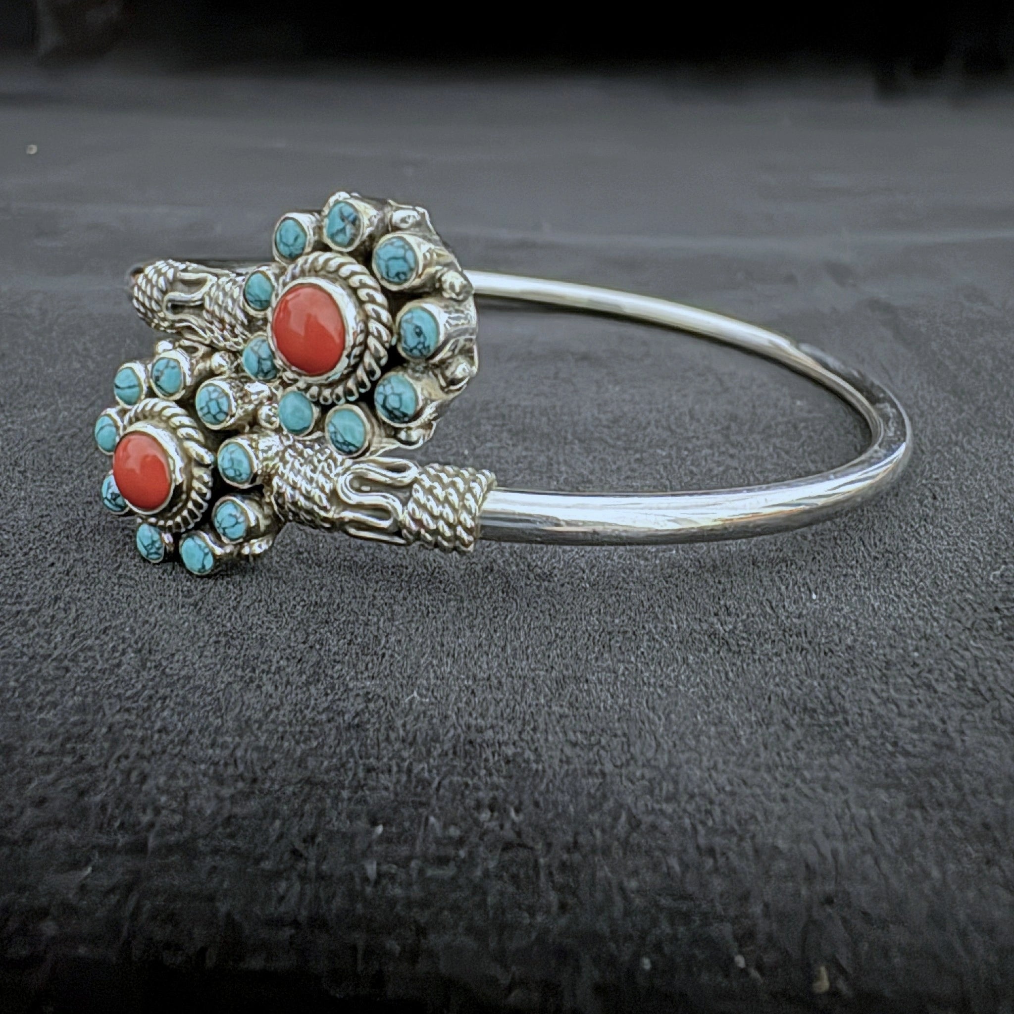 Turquoise and Coral Stones Sterling Silver Bracelet