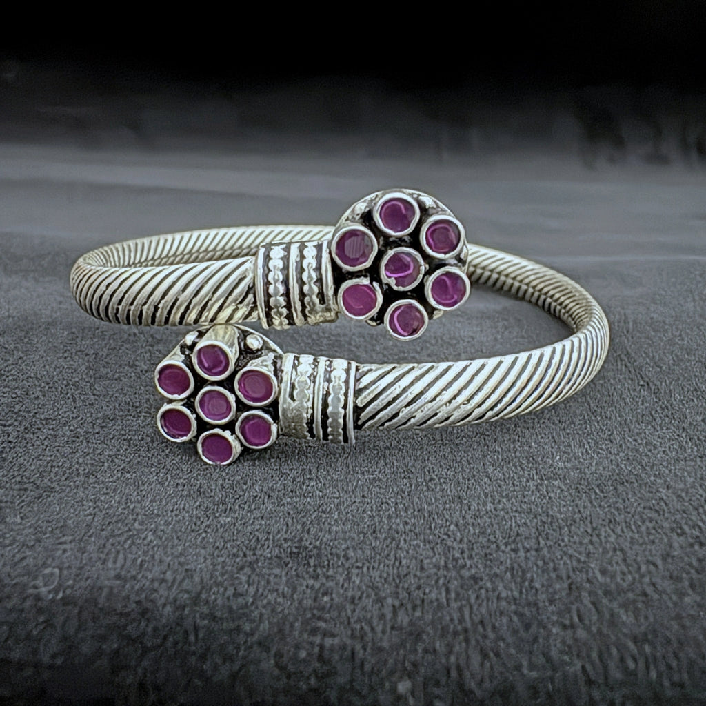 92.5 Sterling Silver Twisted Cuff Bracelet with Ruby Gemstones - Bhavya Silvers
