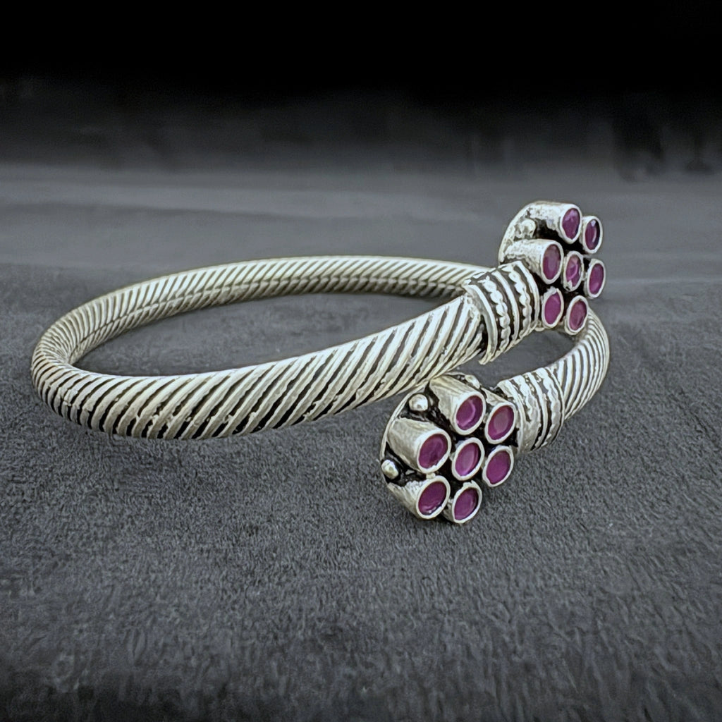 92.5 Sterling Silver Twisted Cuff Bracelet with Ruby Gemstones - Bhavya Silvers