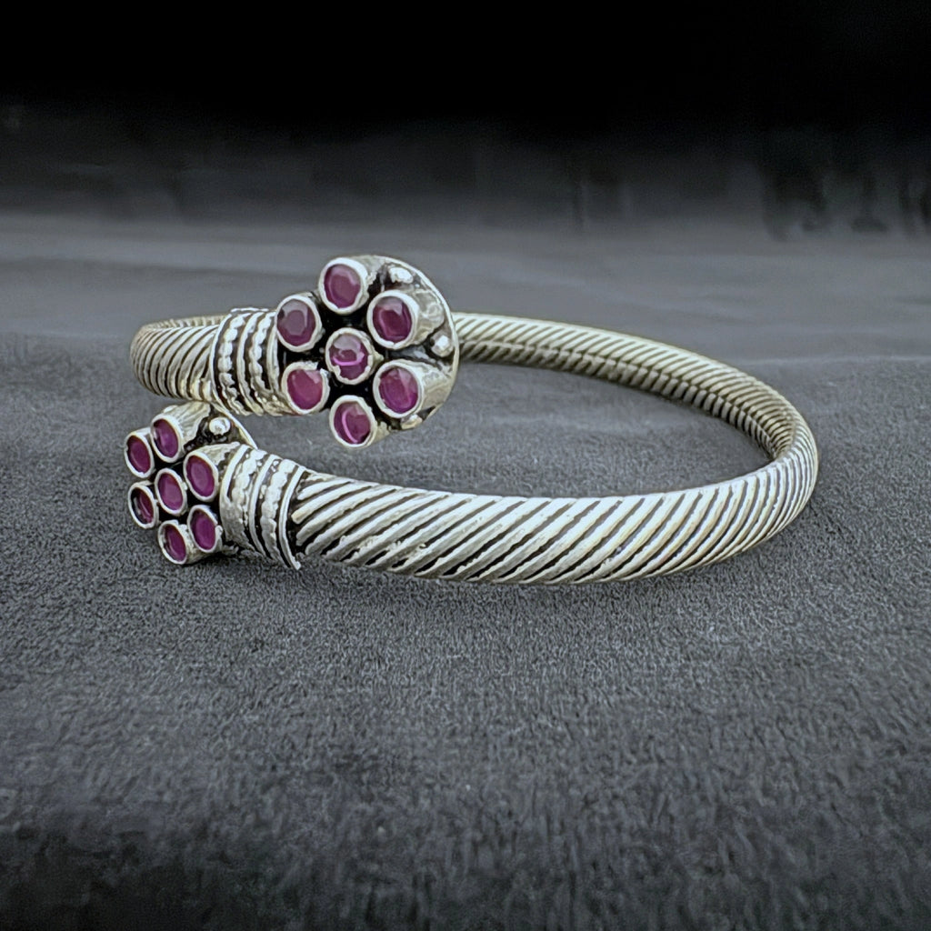 92.5 Sterling Silver Twisted Cuff Bracelet with Ruby Gemstones - Bhavya Silvers