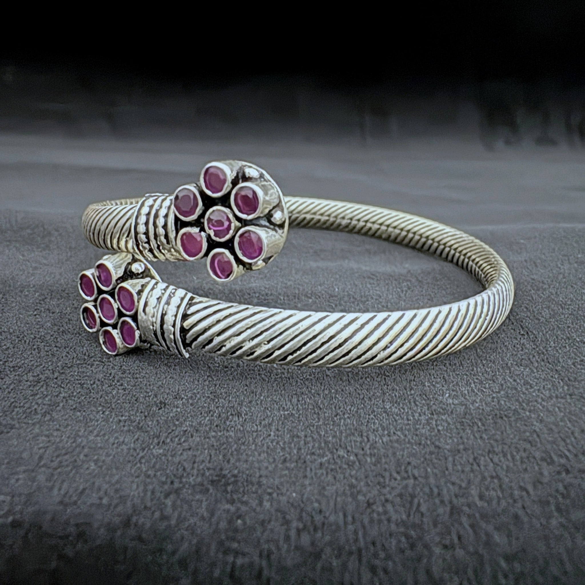 92.5 Sterling Silver Twisted Cuff Bracelet with Ruby Gemstones - Bhavya Silvers