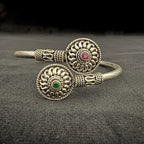 Antique Silver Adjustable Cuff Bracelet with Red & Green Gems - Bhavya Silvers