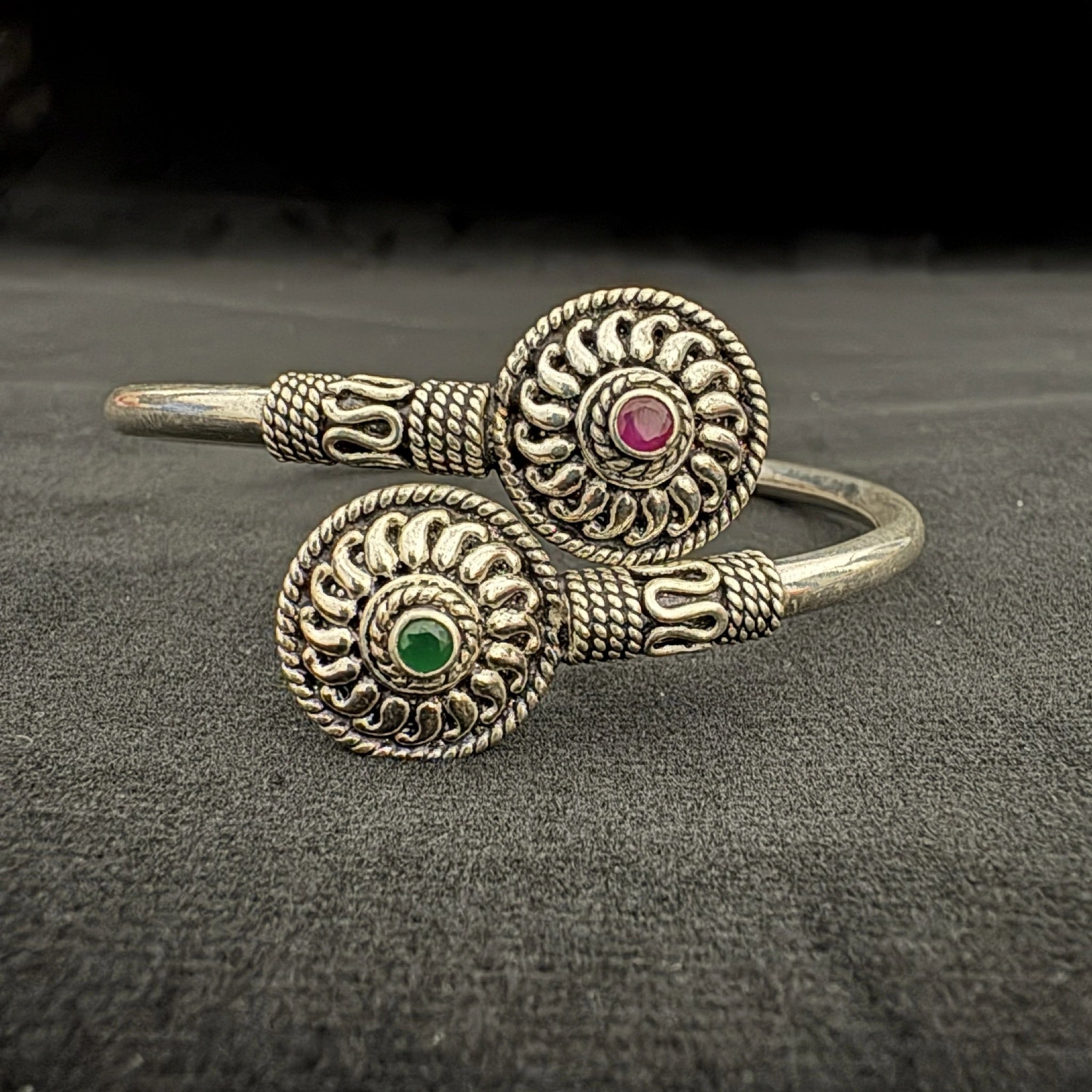 Antique Silver Adjustable Cuff Bracelet with Red & Green Gems - Bhavya Silvers