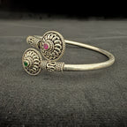 Antique Silver Adjustable Cuff Bracelet with Red & Green Gems - Bhavya Silvers