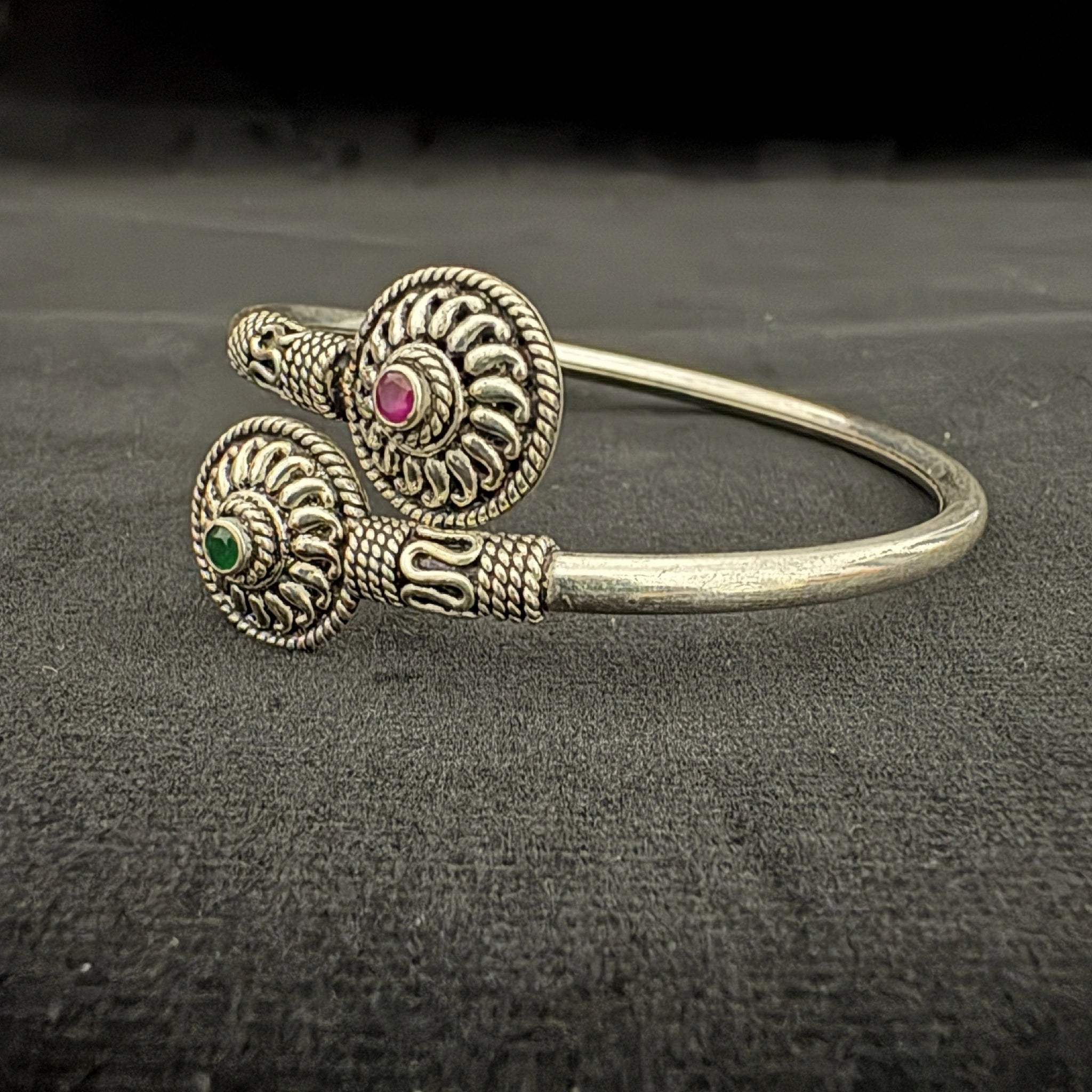 Antique Silver Adjustable Cuff Bracelet with Red & Green Gems - Bhavya Silvers