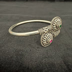 Antique Silver Adjustable Cuff Bracelet with Red & Green Gems - Bhavya Silvers