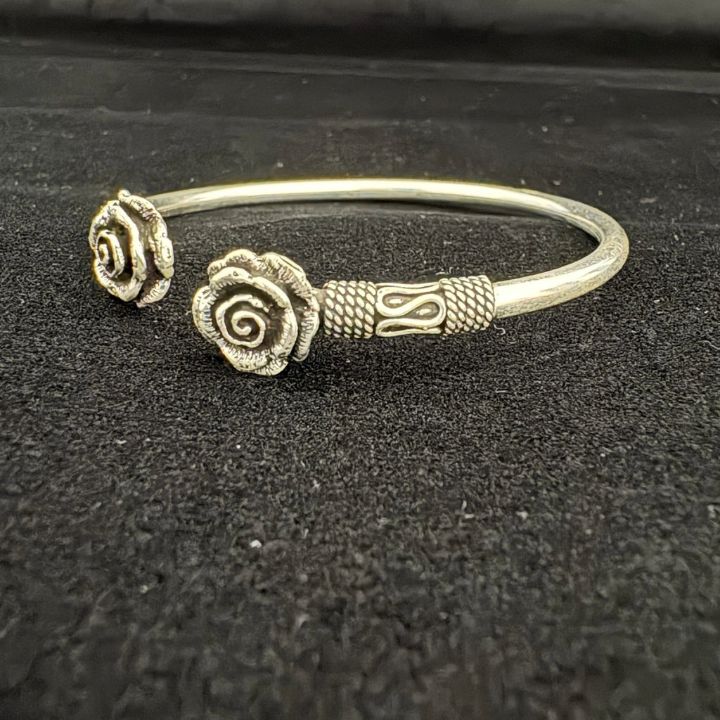 Antique Silver Floral Rose Cuff Bracelet - Bhavya Silvers