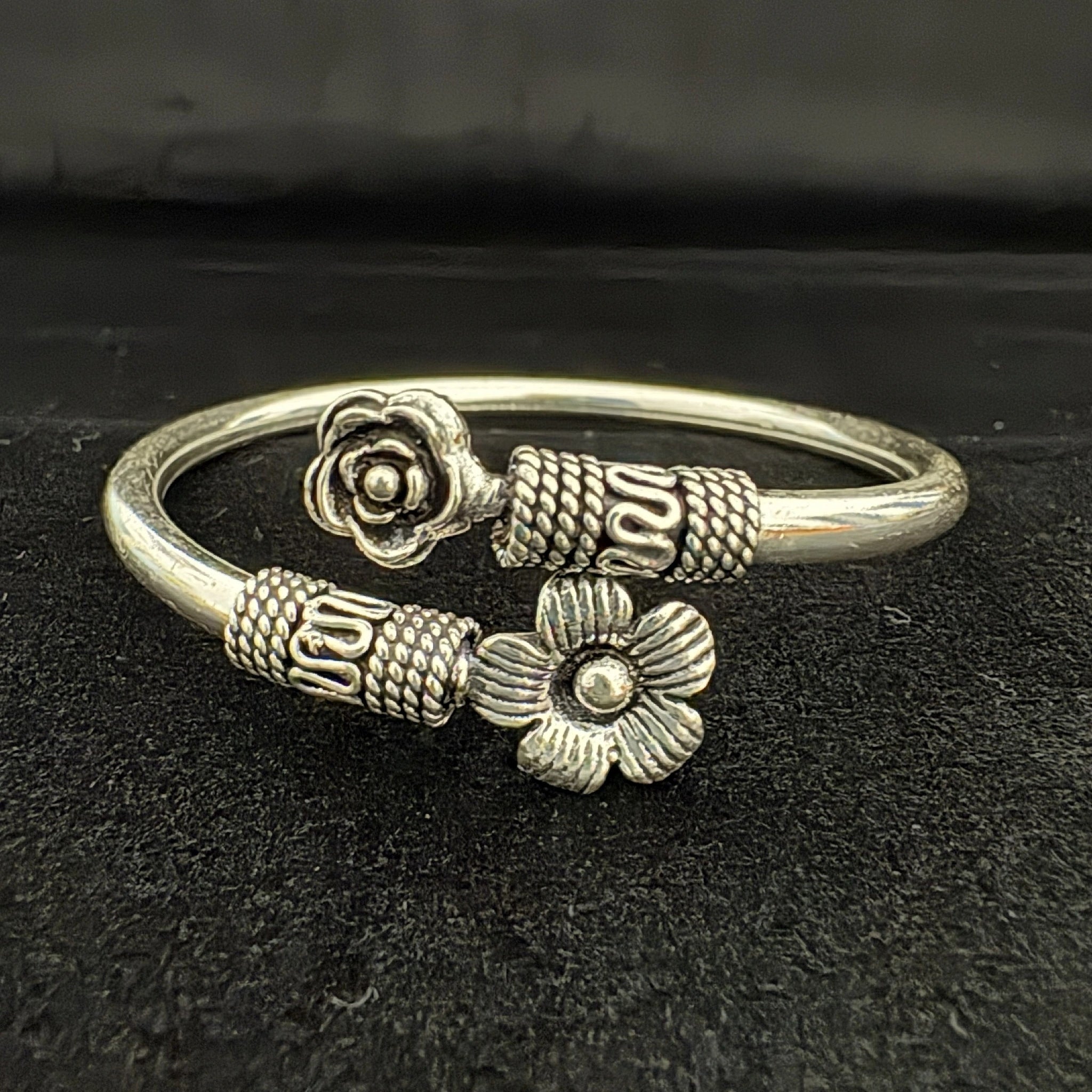 Sterling Silver Floral Open Cuff Bracelet - Bhavya Silvers