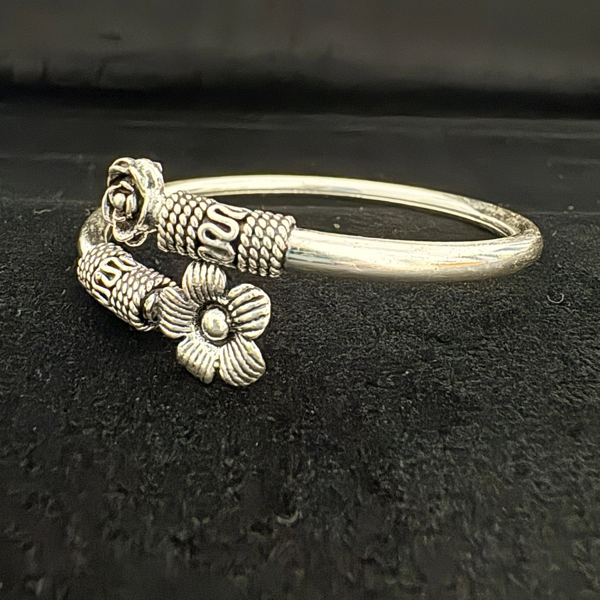 Sterling Silver Floral Open Cuff Bracelet - Bhavya Silvers