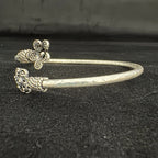 Antique Silver Floral Open Bangle Bracelet - Bhavya Silvers