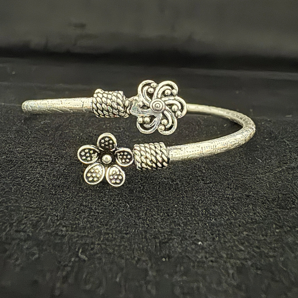 Antique Silver Floral Open Bangle Bracelet - Bhavya Silvers