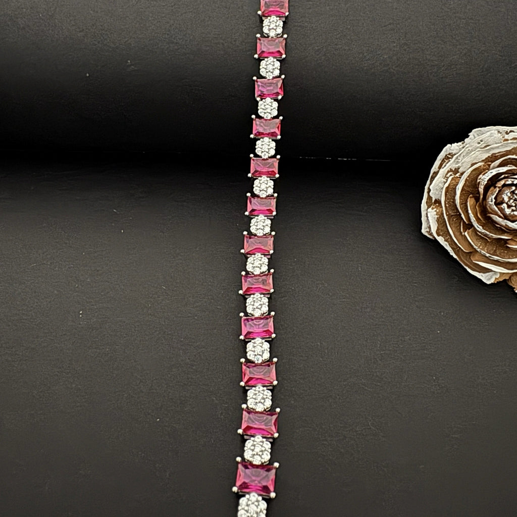 Sterling Silver Bracelet with Pink Gemstones and Clear Crystals - Bhavya Silvers