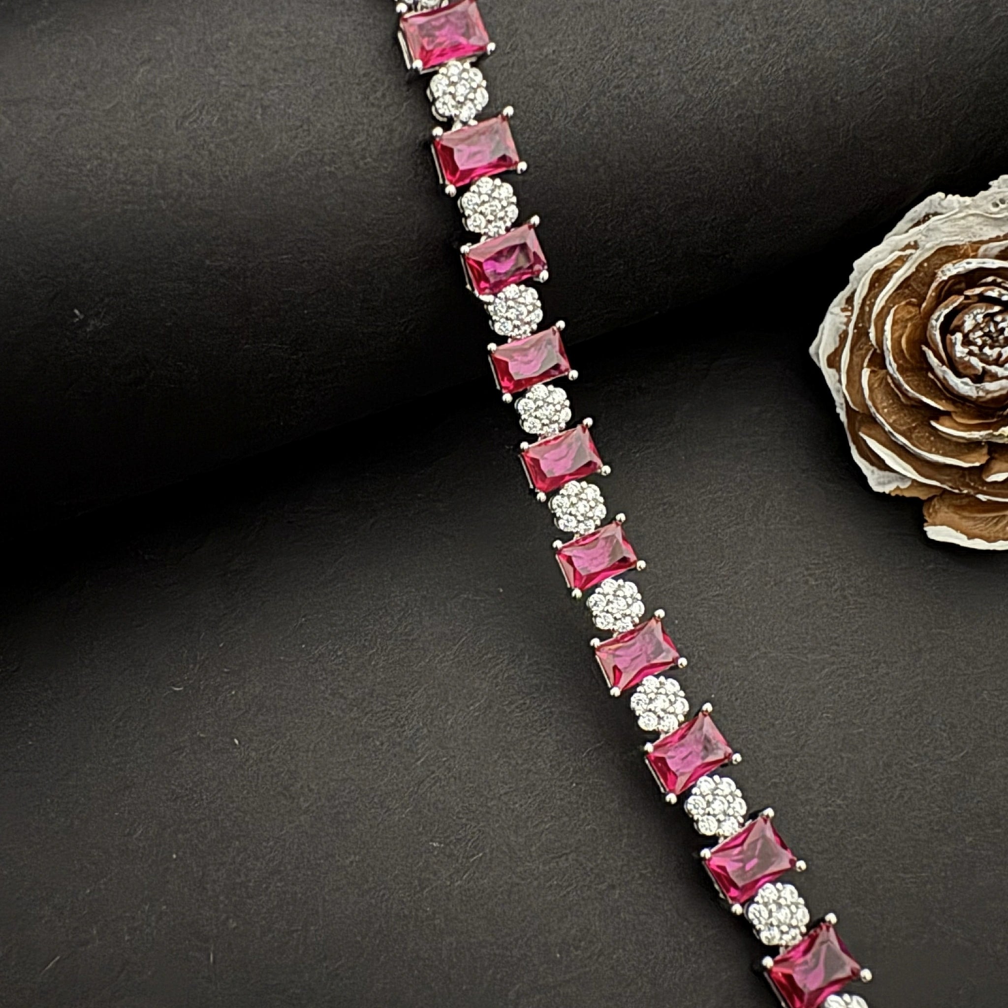 Sterling Silver Bracelet with Pink Gemstones and Clear Crystals - Bhavya Silvers