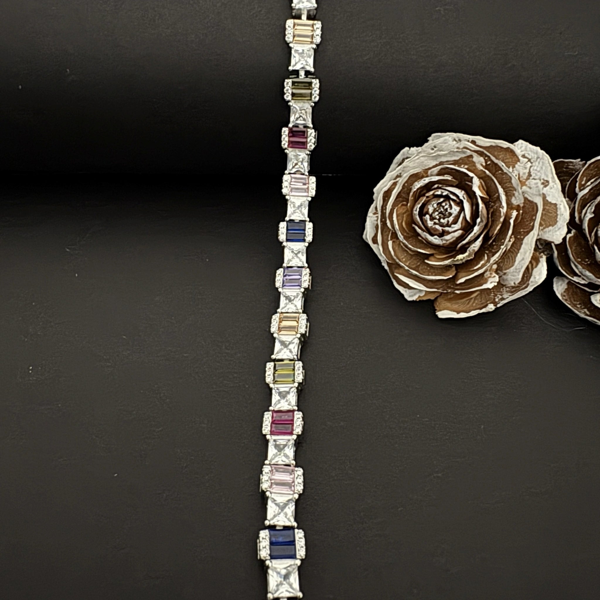 Sterling Silver Alternating Multicolor Gemstone Bracelet 