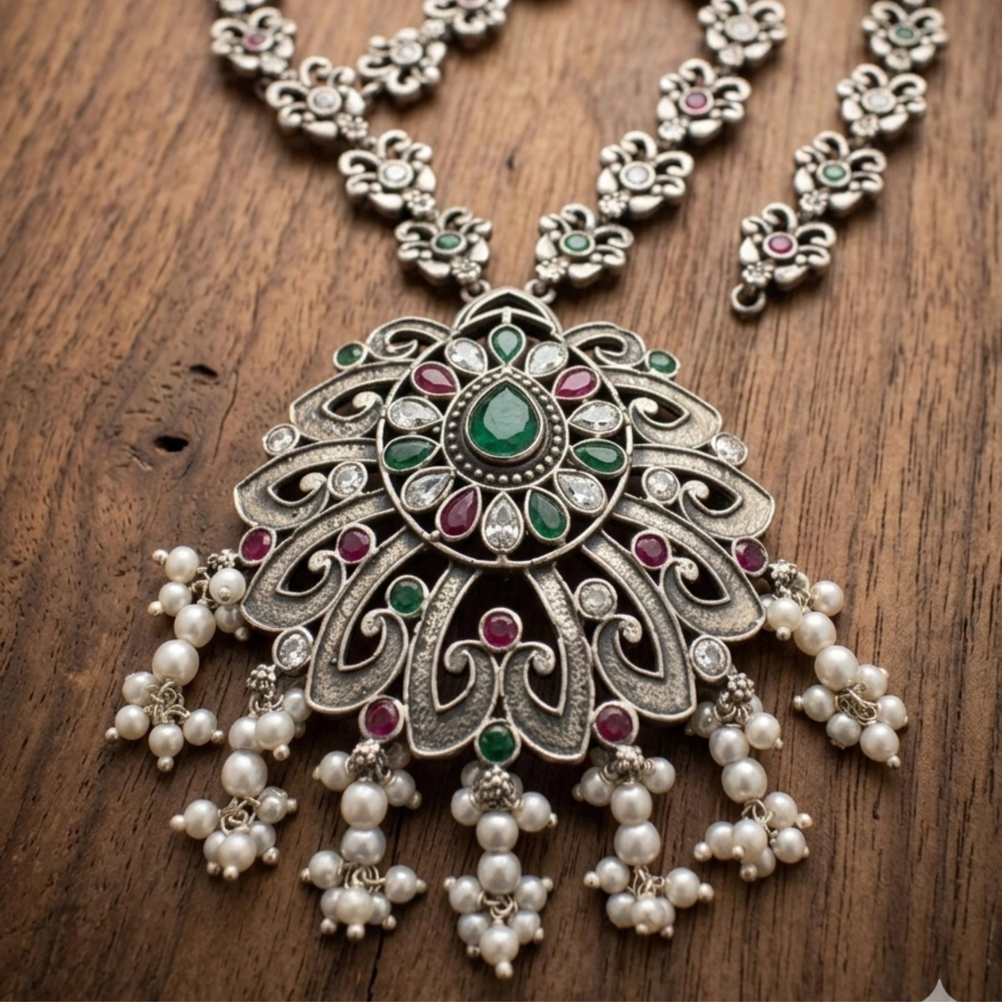 Ornate silver necklace with pearls and gemstones on a wooden surface