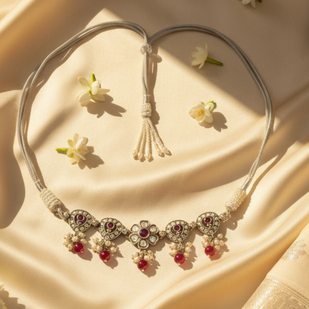 Sterling Silver necklace with red and clear beads on a beige fabric background
