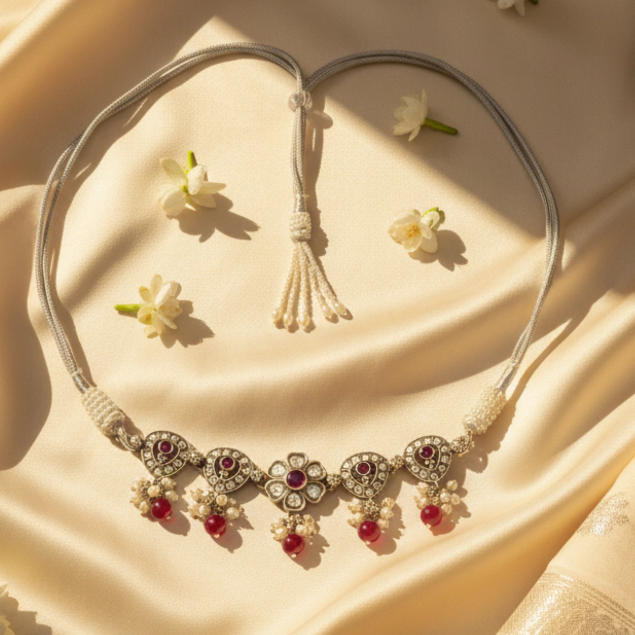 Sterling Silver necklace with red and clear beads on a beige fabric background