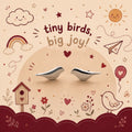 A pair of small silver bird-shaped earrings displayed on a beige background with a whimsical doodle-style illustration featuring a rainbow, sun, clouds, birdhouse, and the text 'tiny birds, big joy!'.