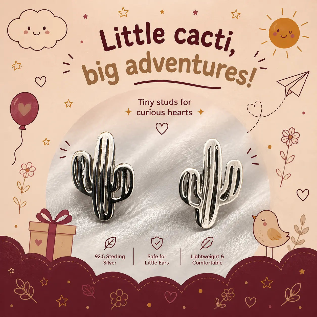 Cactus-shaped stud earrings displayed on a white textured surface inside a decorative illustrated card. The card reads 'Little cactus, big adventures!' and includes text noting 92.5 sterling silver.