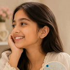 A young girl with long dark hair smiles while resting her chin on her hand, wearing a small silver earring. A circular inset at the bottom right shows a close-up of the earring design, which features two black reindeer facing each other with small red and multicolor accents on a speckled light background.