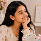 A young girl with long dark hair smiles while wearing a small white stud earring. An inset circle at the bottom right shows the pair of white stud earrings on a textured surface with colorful dots.