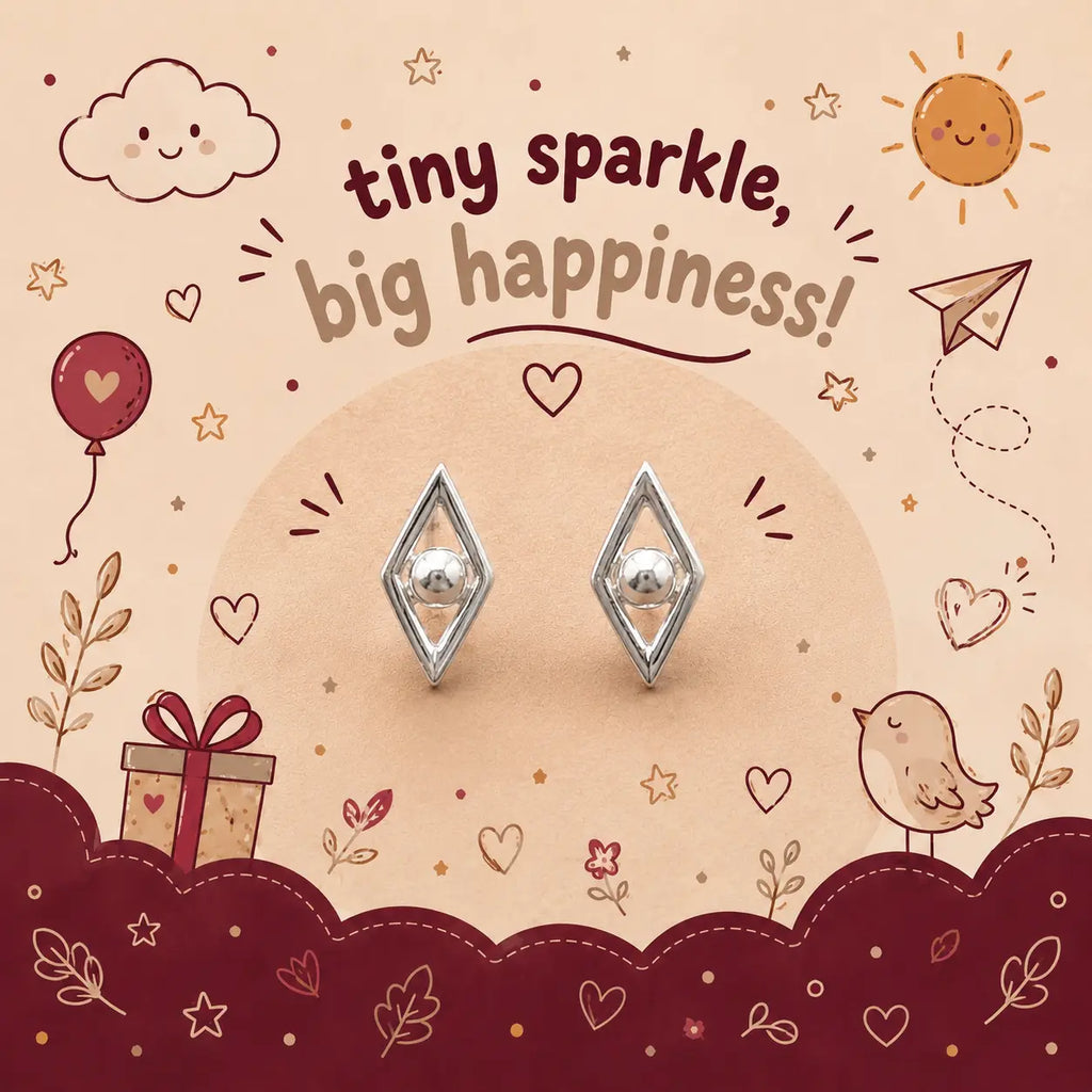 A pair of silver geometric stud earrings with clear crystal-like centers, displayed on a beige circular stand against a whimsical illustrated background with the text 'tiny sparkle, big happiness!'. The background features cartoon clouds, a sun, hearts, stars, a bird, and a gift box.