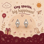 A pair of silver geometric stud earrings with clear crystal-like centers, displayed on a beige circular stand against a whimsical illustrated background with the text 'tiny sparkle, big happiness!'. The background features cartoon clouds, a sun, hearts, stars, a bird, and a gift box.