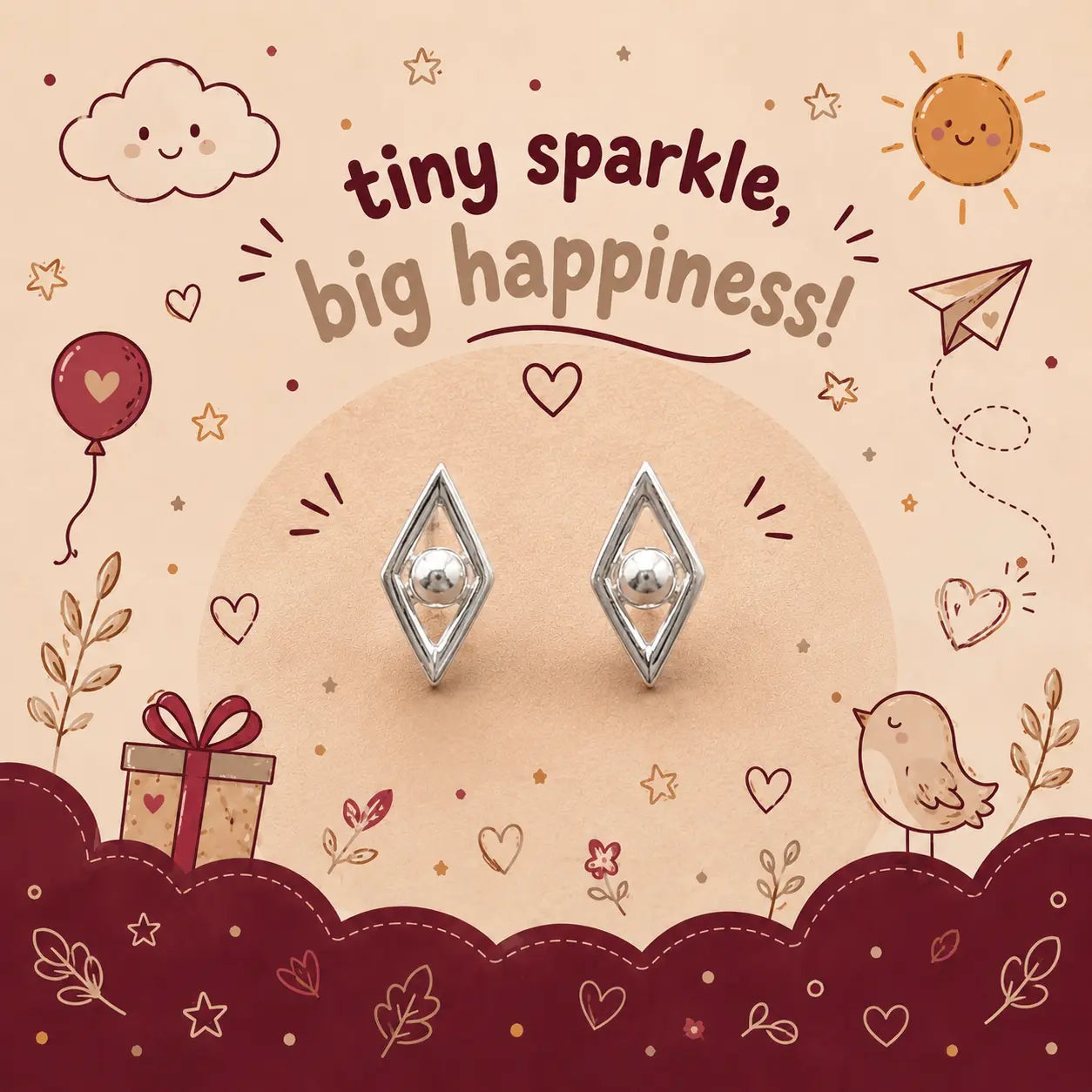 A pair of silver geometric stud earrings with clear crystal-like centers, displayed on a beige circular stand against a whimsical illustrated background with the text 'tiny sparkle, big happiness!'. The background features cartoon clouds, a sun, hearts, stars, a bird, and a gift box.