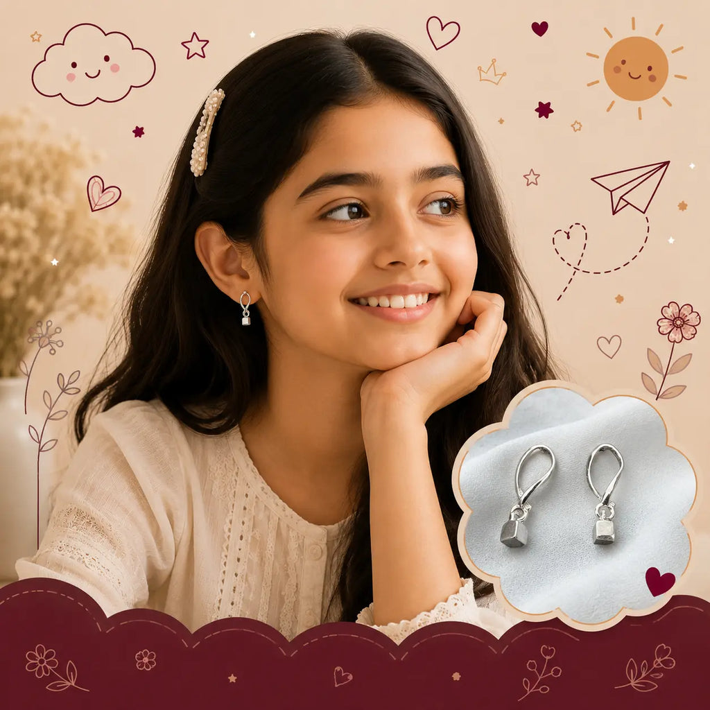 A smiling young girl with dark hair and a pearl hair clip is shown wearing a small silver hoop earring with a clear teardrop-shaped stone. A cloud-shaped inset on the right shows a pair of the earrings on a soft blue-gray fabric.