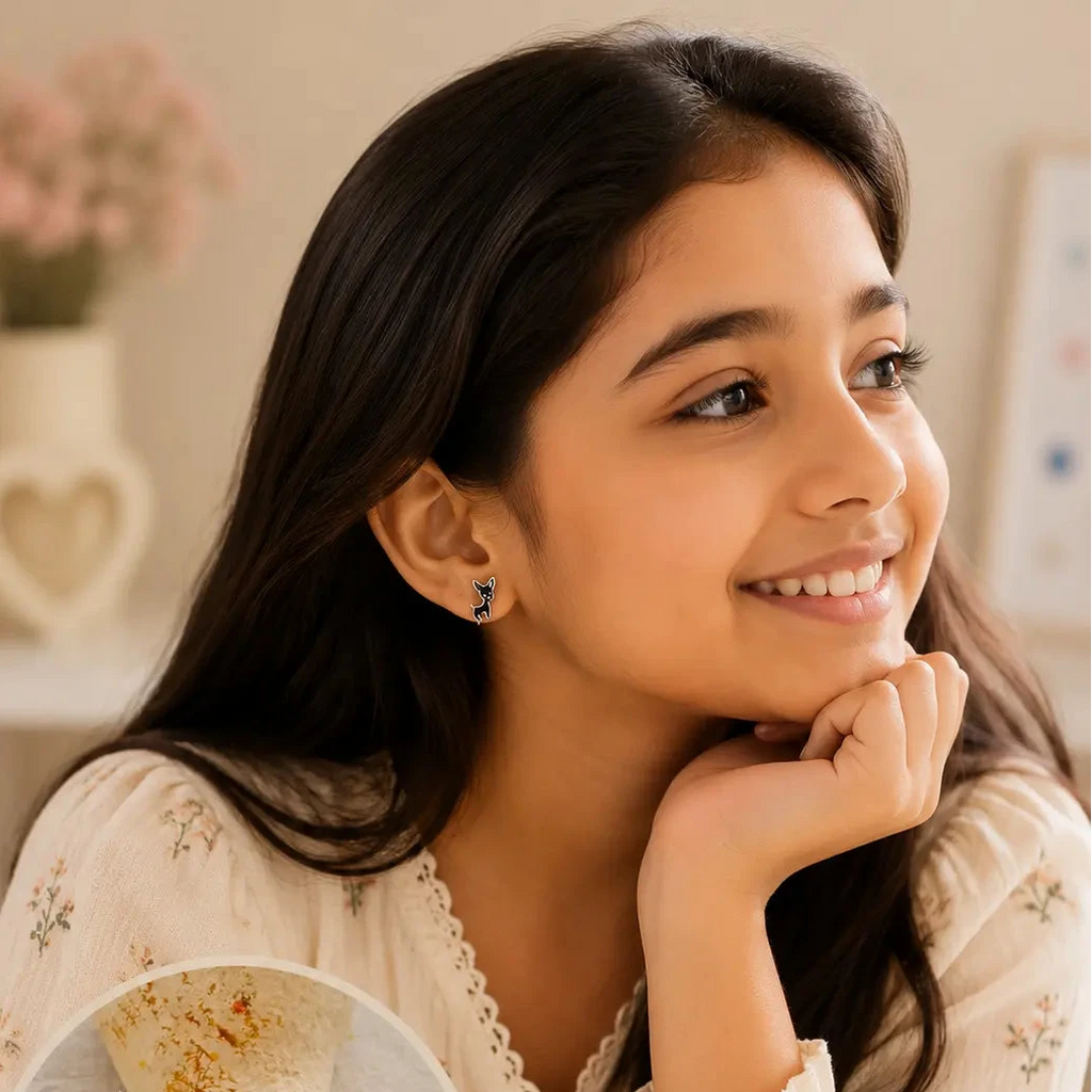 A young girl with long dark hair smiles while wearing a small black and white stud earring. The image features a circular inset showing the earring in detail, which depicts two small deer-shaped earrings on a textured white surface with colorful confetti.