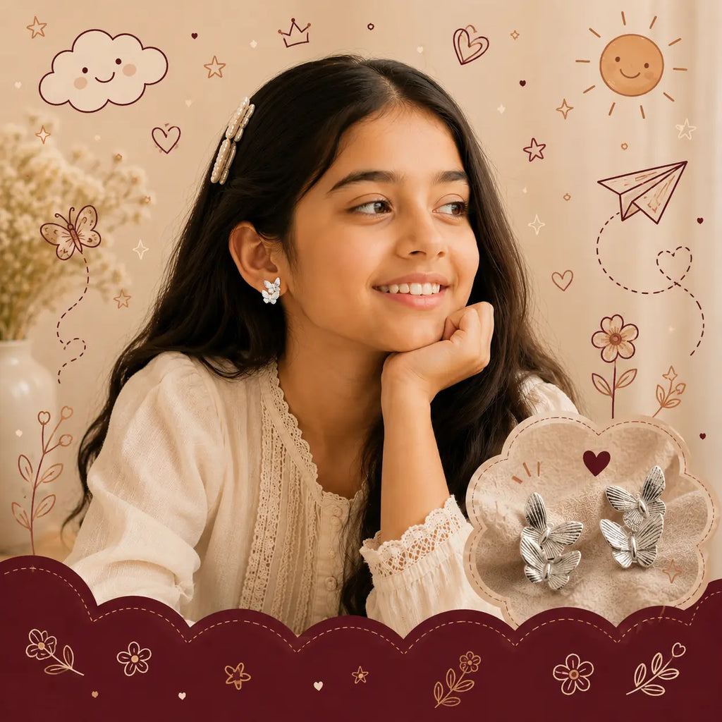 A young girl with long dark hair smiles while wearing a small silver earring, with a matching pair of silver leaf-shaped earrings displayed on a cloud-shaped tray in the foreground. The background is a warm beige with cute doodles of a sun, clouds, flowers, and stars.