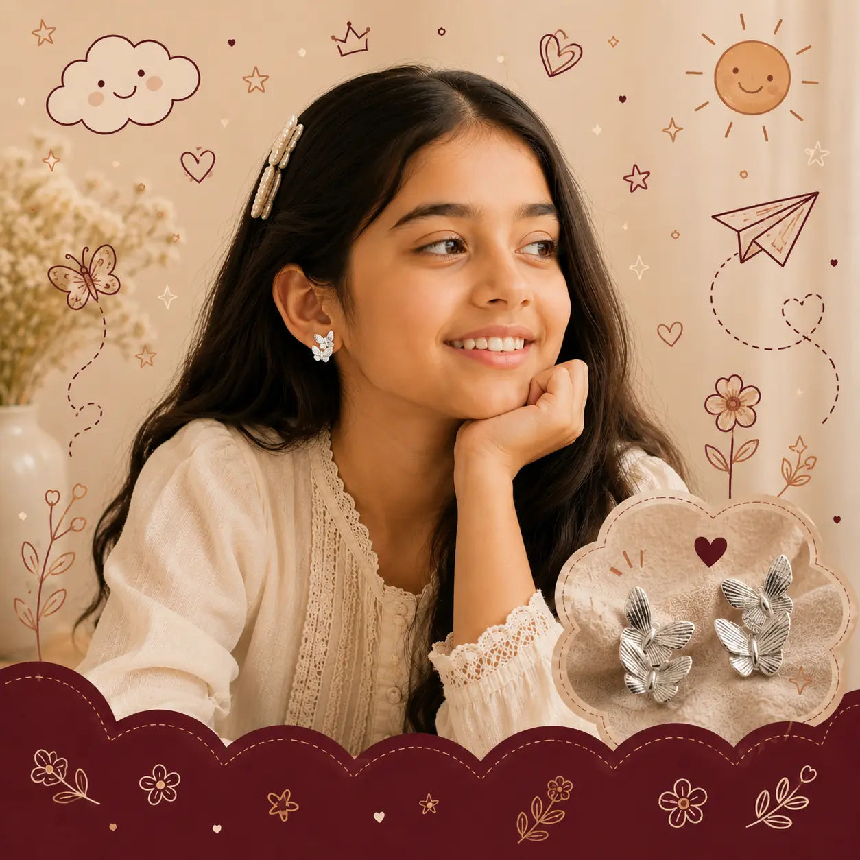 A young girl with long dark hair smiles while wearing a small silver earring, with a matching pair of silver leaf-shaped earrings displayed on a cloud-shaped tray in the foreground. The background is a warm beige with cute doodles of a sun, clouds, flowers, and stars.