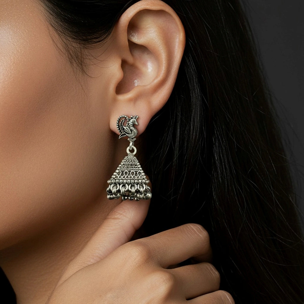 Oxidized Silver Peacock Jhumka Earrings Traditional Design