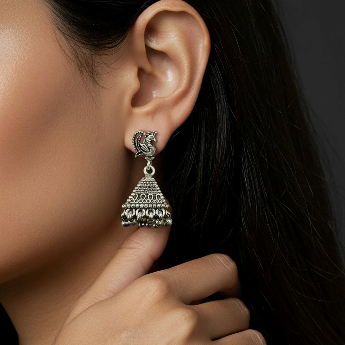 Oxidized Silver Peacock Jhumka Earrings Traditional Design