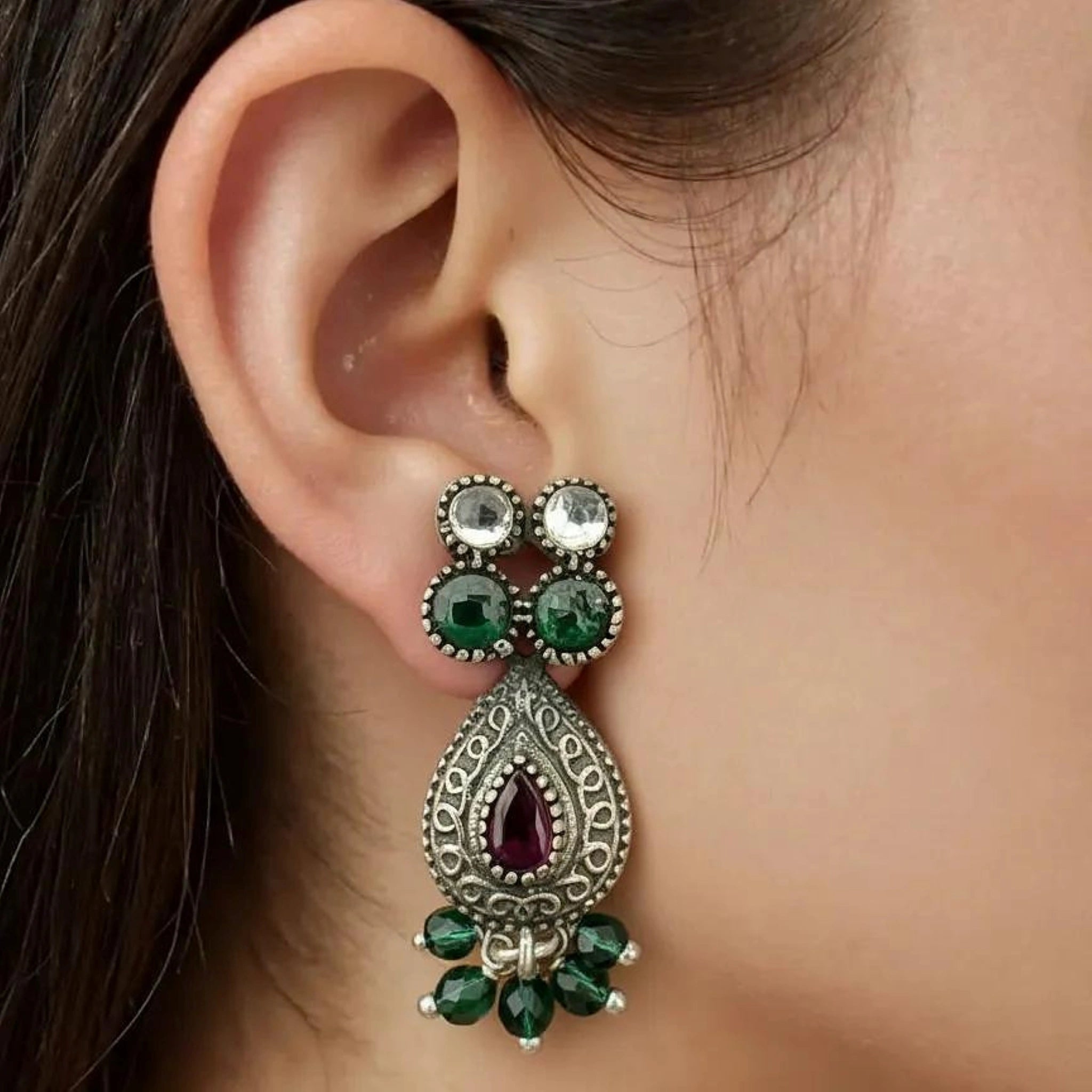 Sterling Silver Drop Earrings with Multicolored Gemstones