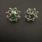 Sterling Silver Floral Stud Earrings with Green Gemstone