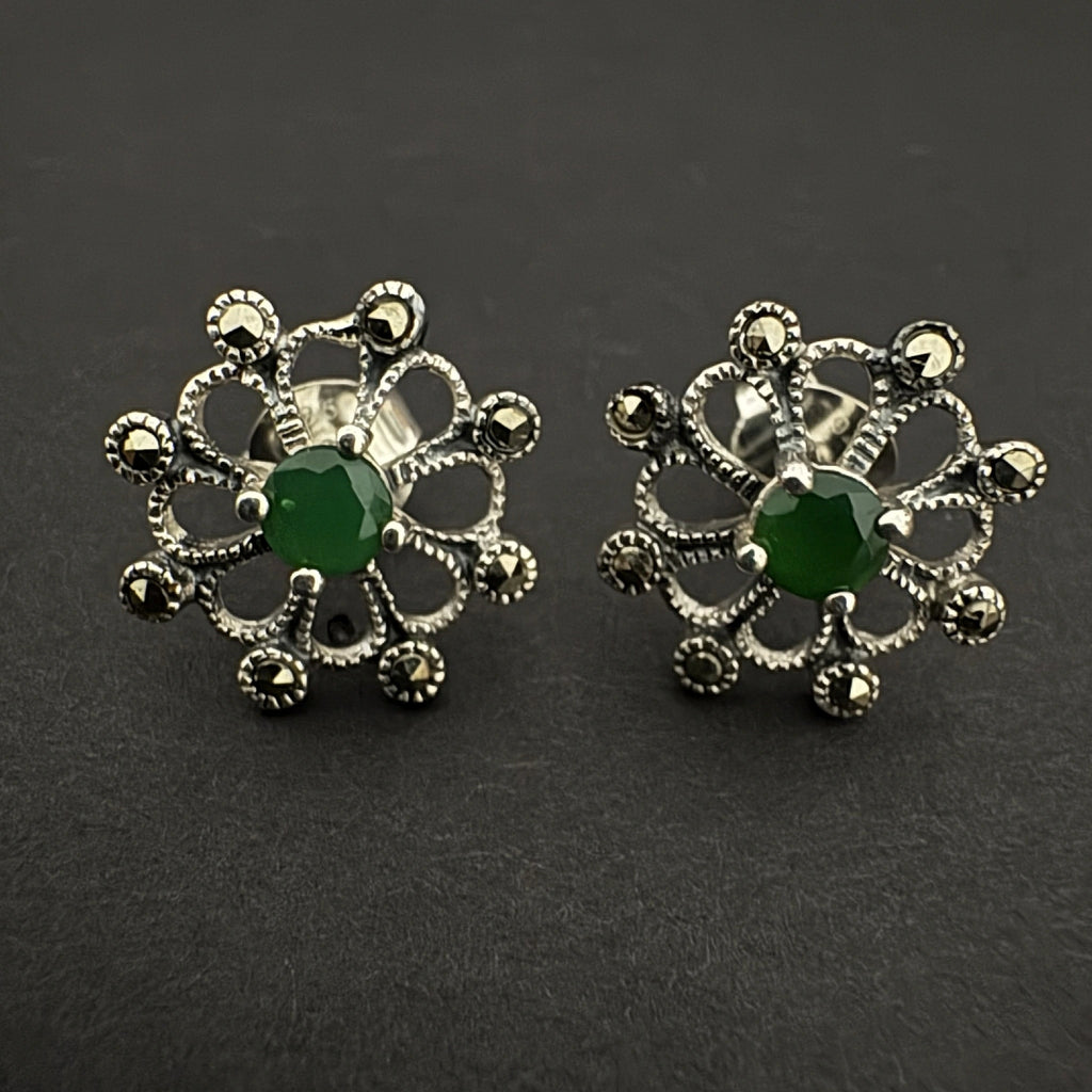 Sterling Silver Floral Stud Earrings with Green Gemstone