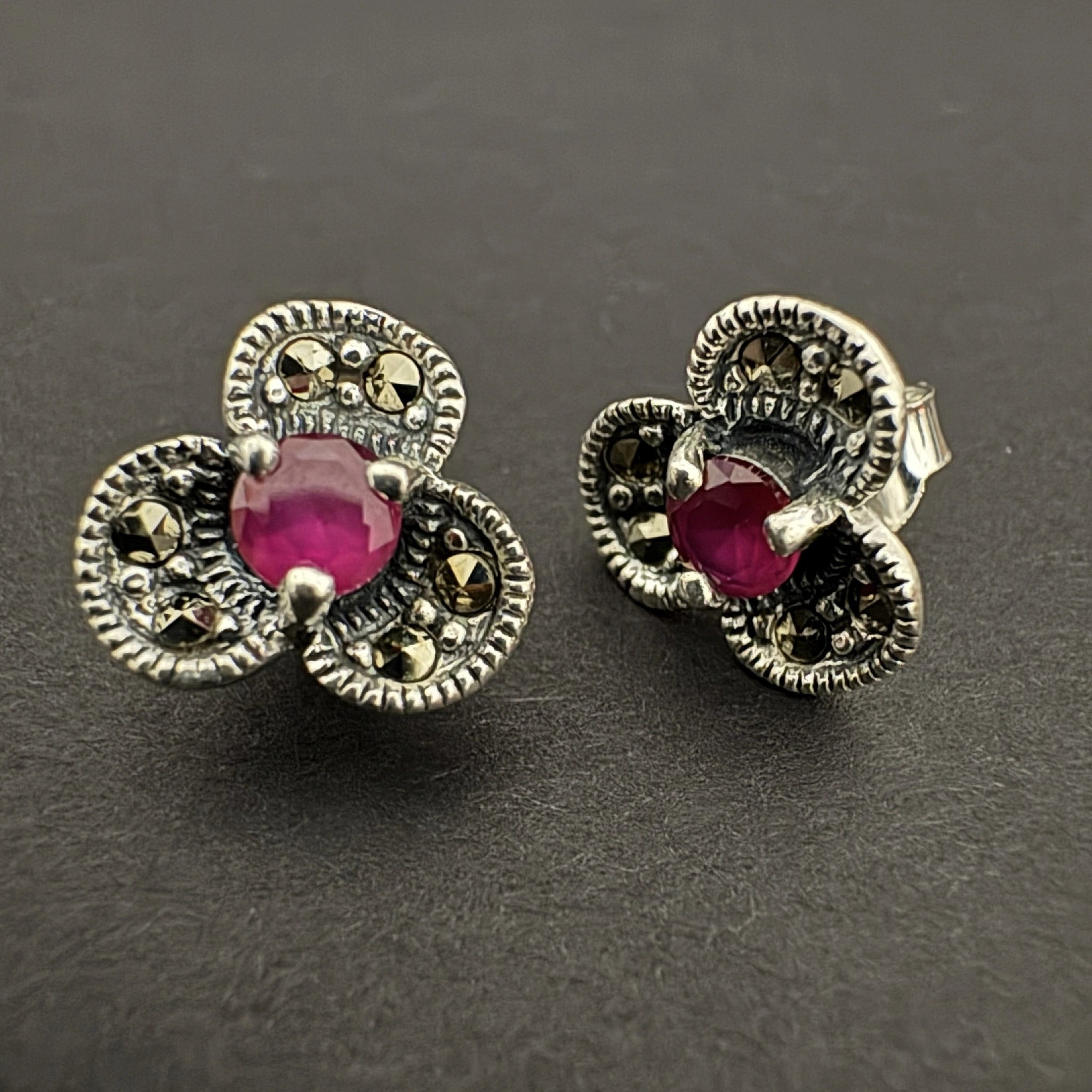 Silver Vintage Stud Earrings with Pink Gemstones & Marcasite - Bhavya Silvers