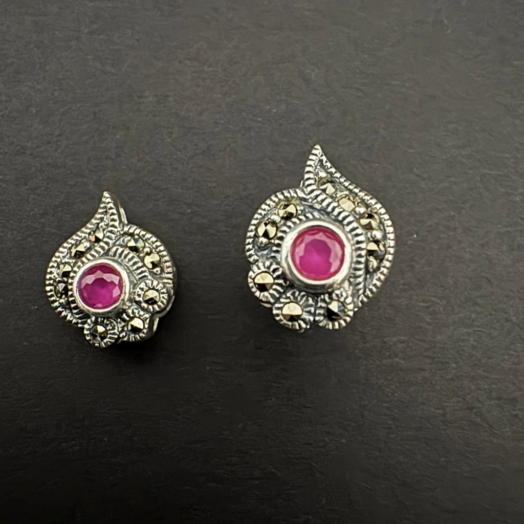 Marcasite Silver Earrings with Pink Gemstone Accent - Bhavya Silvers
