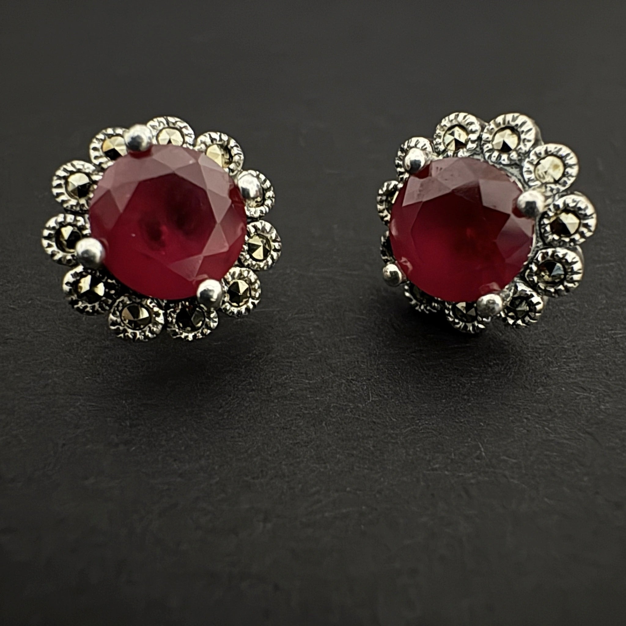 Sterling Silver Stud Earrings with Deep Red Faceted Stone